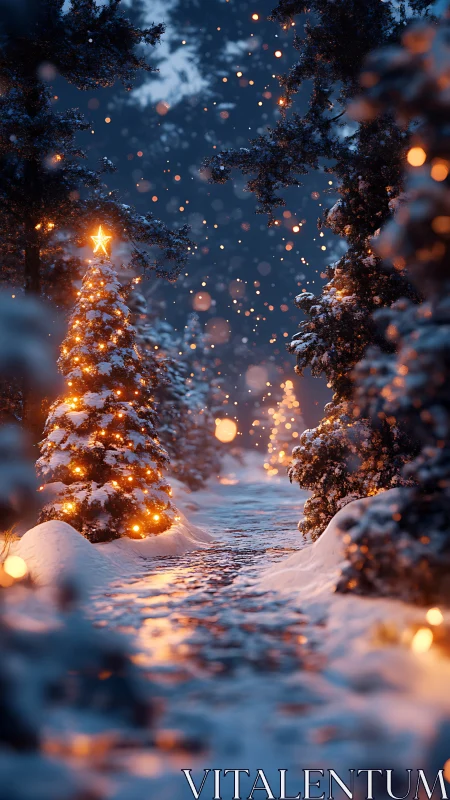 Snowy forest path glowing with cozy holiday lights at dusk.