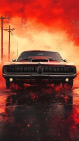 Muscle car front view on wet road under blazing red sky.