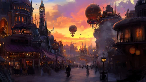 Steampunk skyport city glows under radiant sunset clouds.