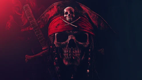 Scarlet pirate skull grins through ember-tinted darkness