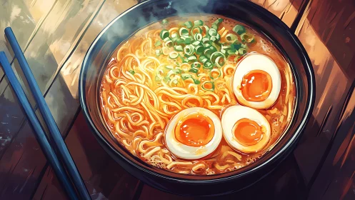 Sunlit ramen lagoon swirls beneath three molten yolk moons
