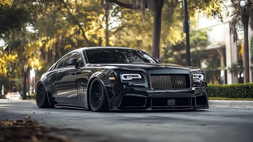 Low-slung black luxury coupe with widebody kit on city street