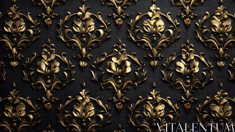 Ornate gold baroque floral pattern on dark textured background.