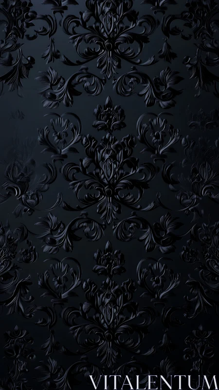 Dark baroque floral damask pattern forms ornate embossed surface