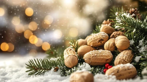 Mixed nuts on snow covered evergreen branches outdoors.