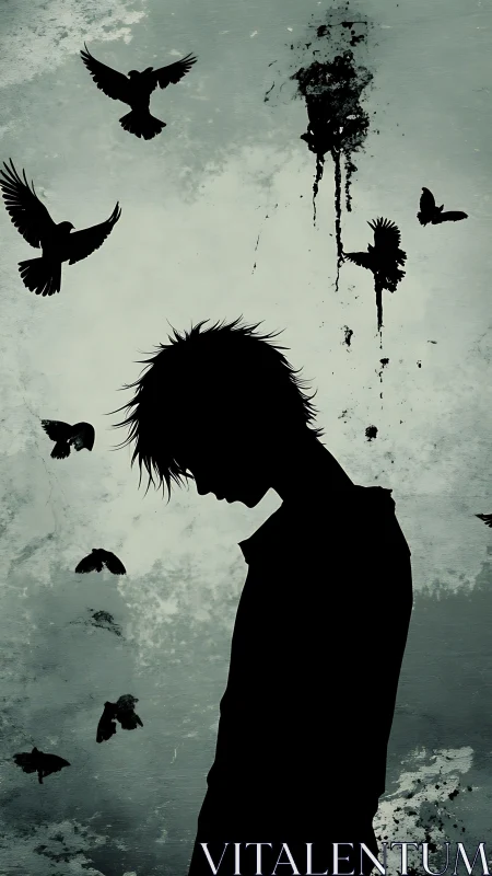 Silhouette of solitary figure surrounded by dark flying birds.