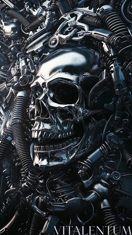 Chrome cyber skull emerges from dense tangle of machinery