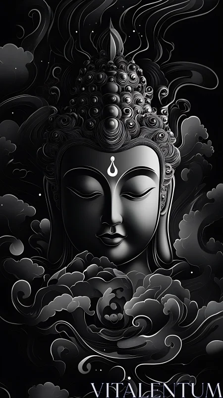 Serene Buddha face drifting in dreamy monochrome clouds.