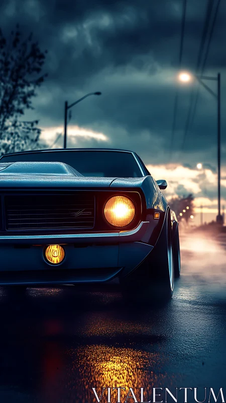 Midnight muscle car prowls through rain-slick neon streets.