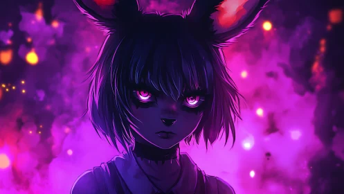 Anthropomorphic figure with glowing eyes in neon haze.