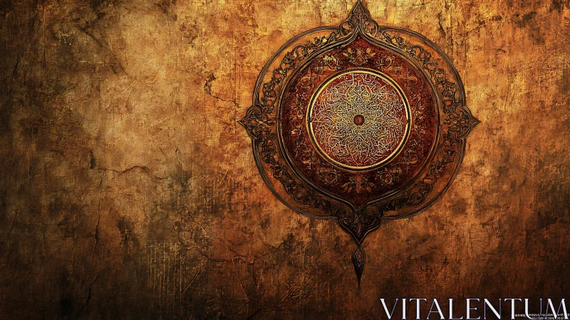 Ornate circular mandala glows on aged golden texture wall.