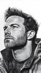 Intense male portrait rendered in detailed pencil etching.