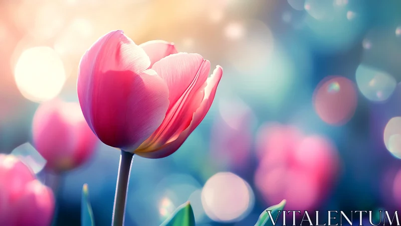 Pink tulip bloom against blurred gradient background with bokeh effect.