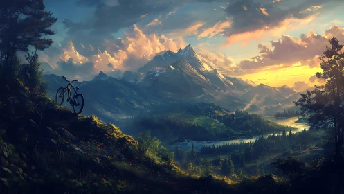 Mountain Landscape with Cyclist at Sunset.