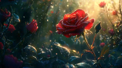 Crimson Rose with Dewdrops in Golden Backlighting.