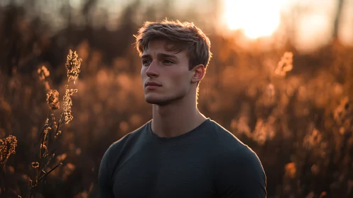 Young adult in field at sunset with warm backlighting.