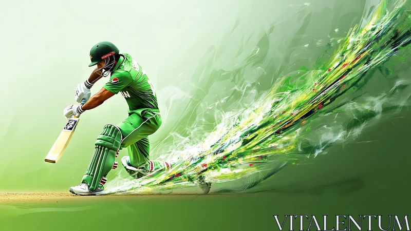 Cricketer in green smashing a powerful dynamic cover drive.
