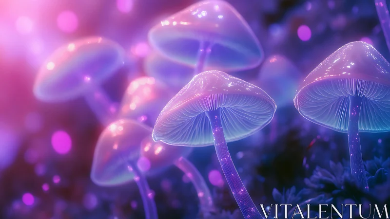Bioluminescent violet mushrooms in ethereal neon forest.