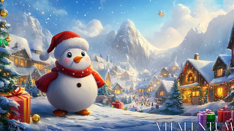 Cheerful snowman overlooks a glowing alpine Christmas village.