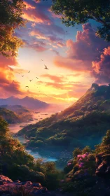 Radiant river valley under volumetric sunset cloudscape.