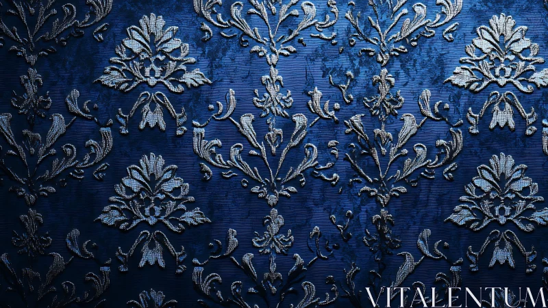 Embossed blue damask fabric shows raised floral filigree pattern