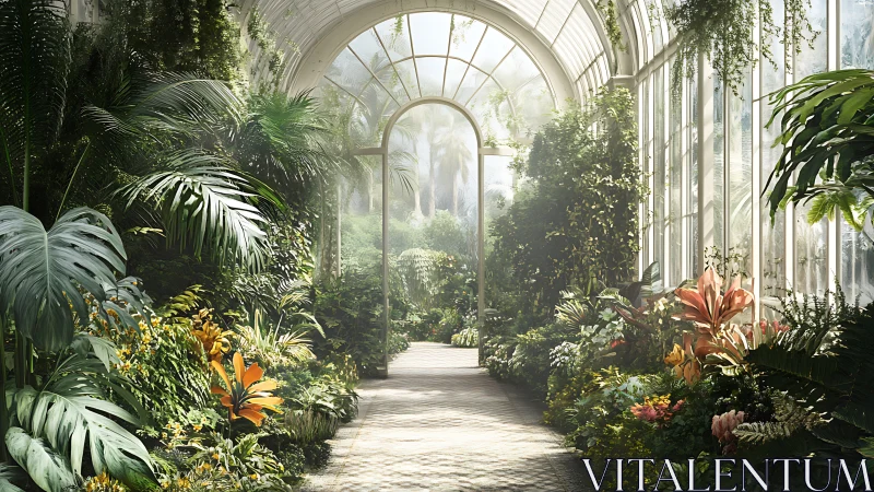 Sunlit greenhouse corridor contains dense tropical foliage