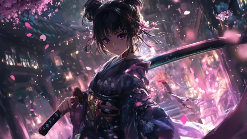 Sakura-lit samurai girl poised in swirling midnight petals.