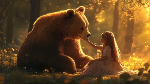 Gentle bear and young girl share a golden forest moment.