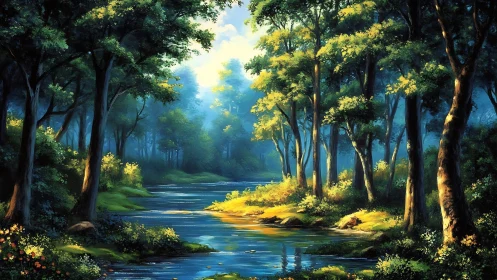 Luminous Forest Stream: Chiaroscuro Landscape with Directional Filtering.