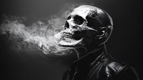 Skull-headed figure exhales ghostly smoke in stark monochrome.