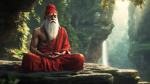 Photorealistic sage in meditative pose on mossed rock plateau.