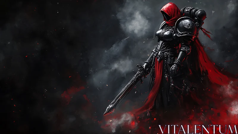 Armored warrior in red cloak amid smoke and embers.