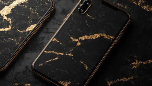 Black smartphones show gold marble patterned cases on surface