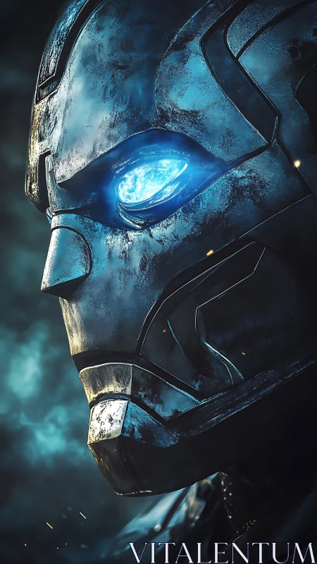 Weathered combat exosuit helm with luminescent ocular core.