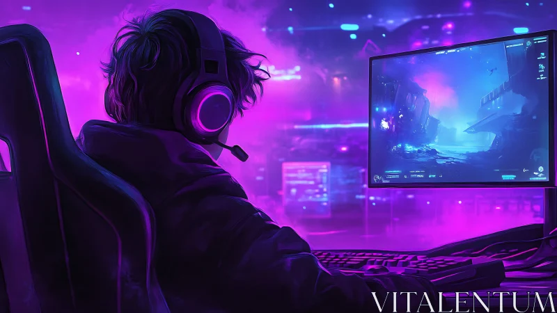 Person at desktop gaming setup in neon purple environment.