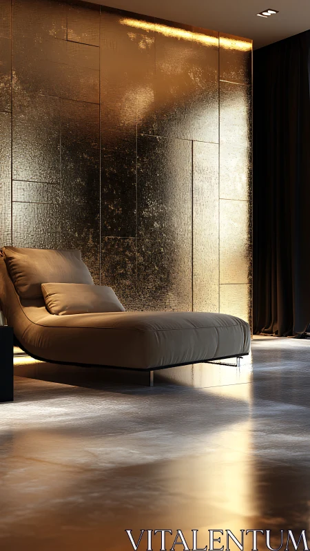 Gold textured wall frames modern leather chaise lounge.