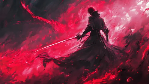 Scarlet warrior silhouetted in blazing infernal storm.