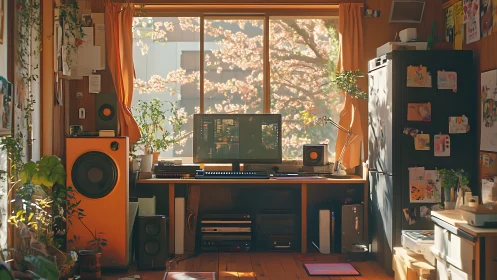 Sunlit creative home studio welcomes work, music, and calm