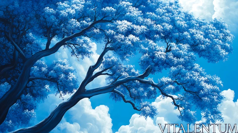 Majestic Blue Tree Branches Against Lush Clouds, Digital Art.