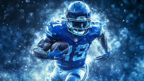 Gridiron player running through stylized blue particle field.