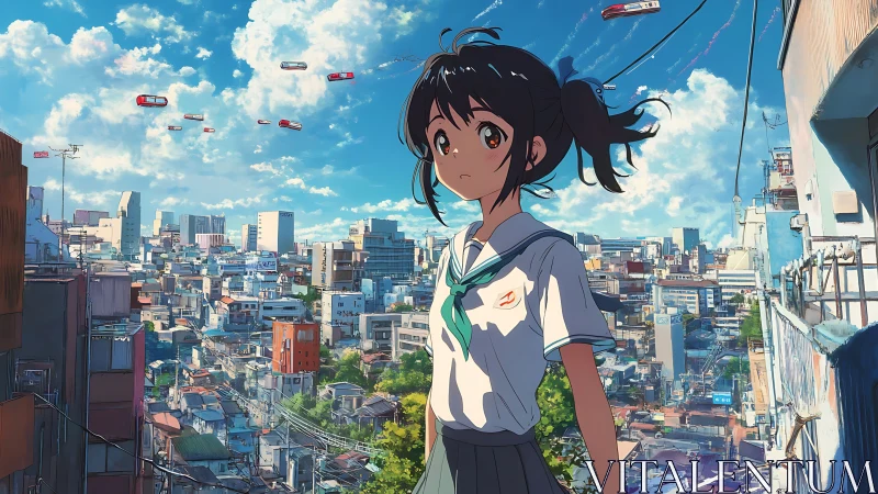 Curious schoolgirl quietly admires a bright futuristic city