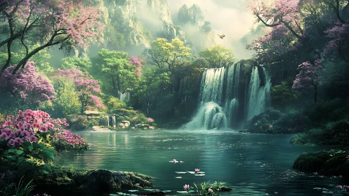 Layered waterfalls animate a misty, high-saturation fantasy valley