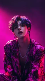 Velvet-lit androgynous idol in neon magenta spotlight.