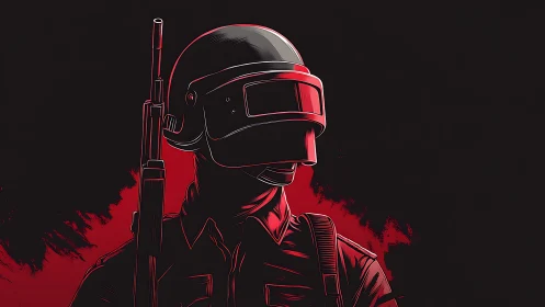 Armored futurist soldier stands in stark red battle glow