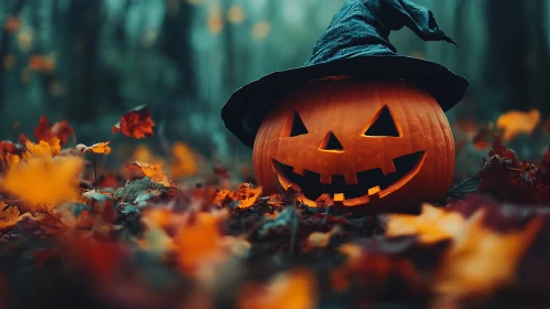 Low angle jack-o-lantern with witch hat in shallow depth forest scene