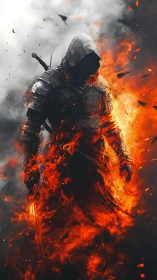 Hooded fire warrior emerging from swirling embers and smoke.