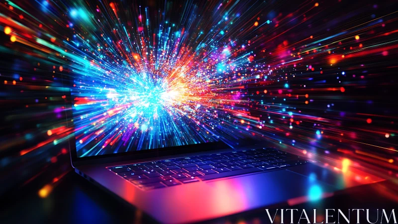 Laptop aperture with radiating photonic data burst field.