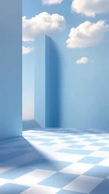 Minimal blue courtyard shows tiled floor and soft clouds