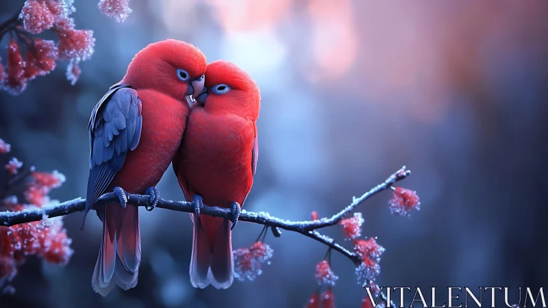 Two red lovebirds cuddling on a frosty branch, dreamy soft focus.