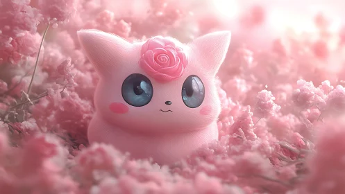 Pastel creature rests in dreamy pink blossom fantasy field